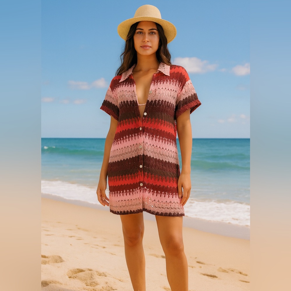Show‎ me your Mumu Open Knit Retro Swim Over up Shirt, Small